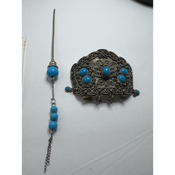 Tibetan Hand Crafted Intricate Silver Style Butterfly Hair Pin Blue Moonstones - Picture 4 of 7